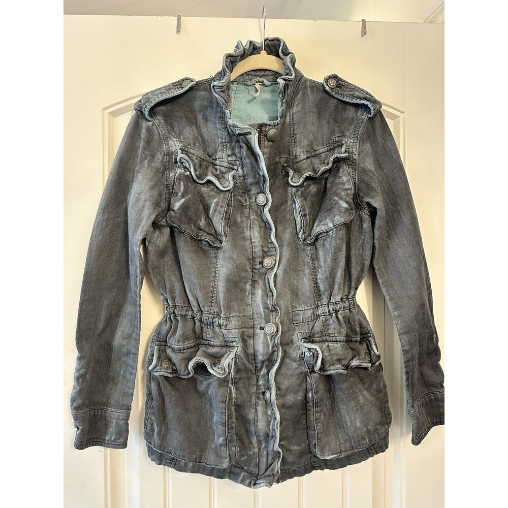 Free People Military Jacket Womens XS Gray Blue Double Cloth Utility Coat